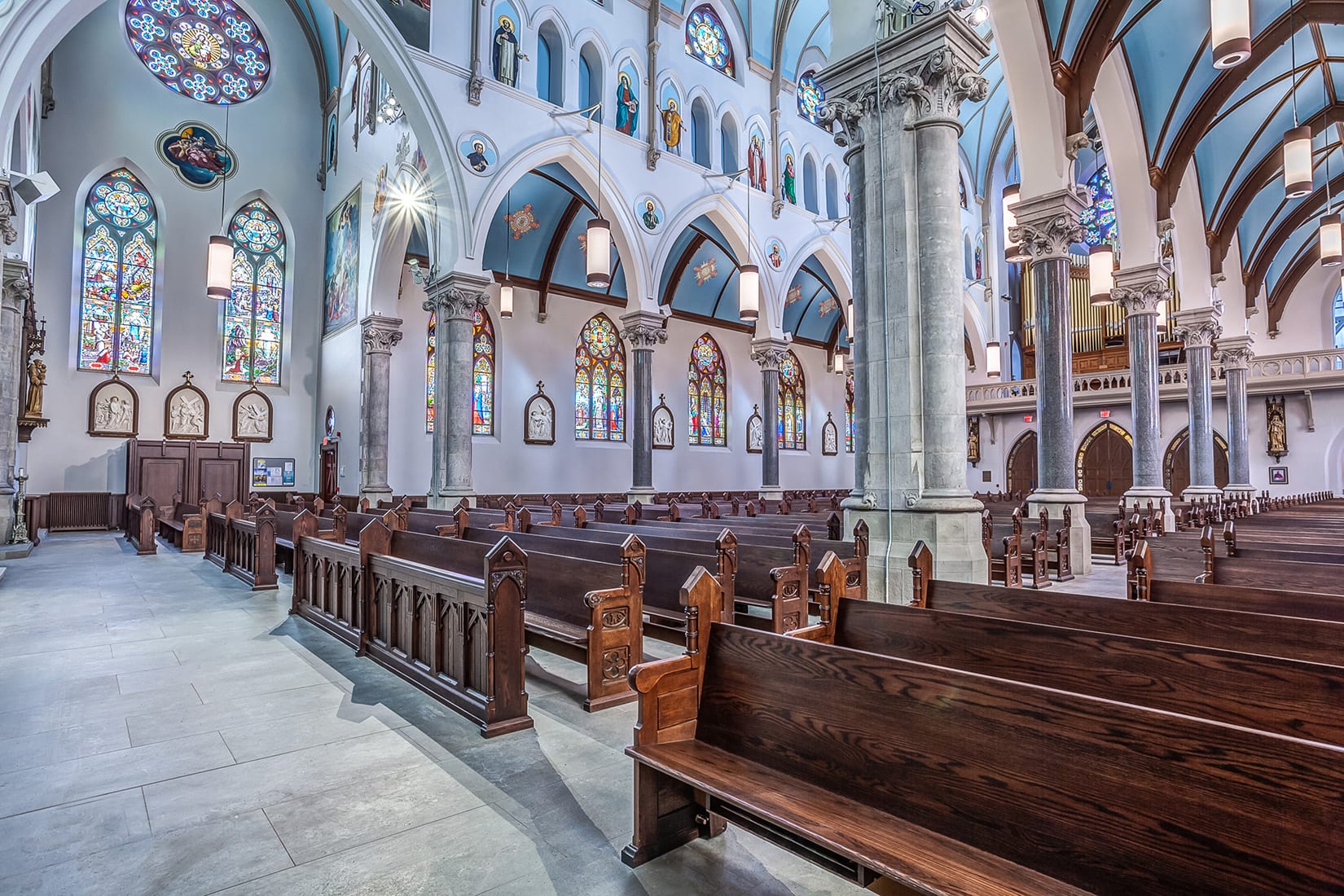 interior rows of straight pews