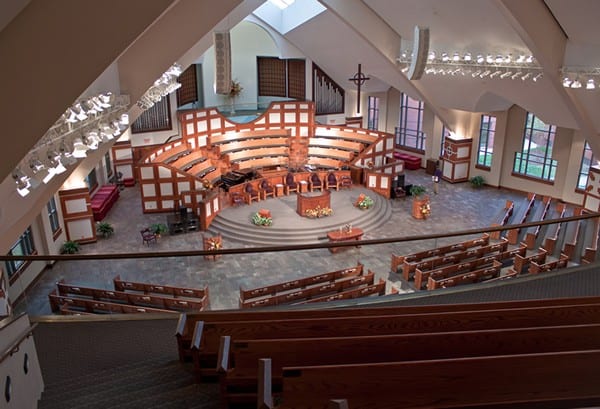 front of church with seating for choir