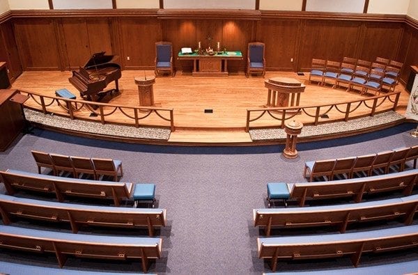 An overhead view of the front of the sanctuary of a church.