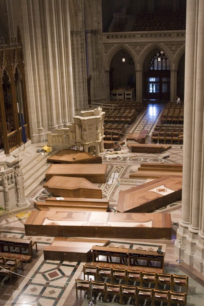 Installation of new wook platform in the crossing at Washington National Cathedral