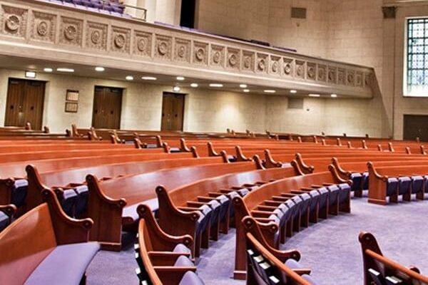 curved wooden pews